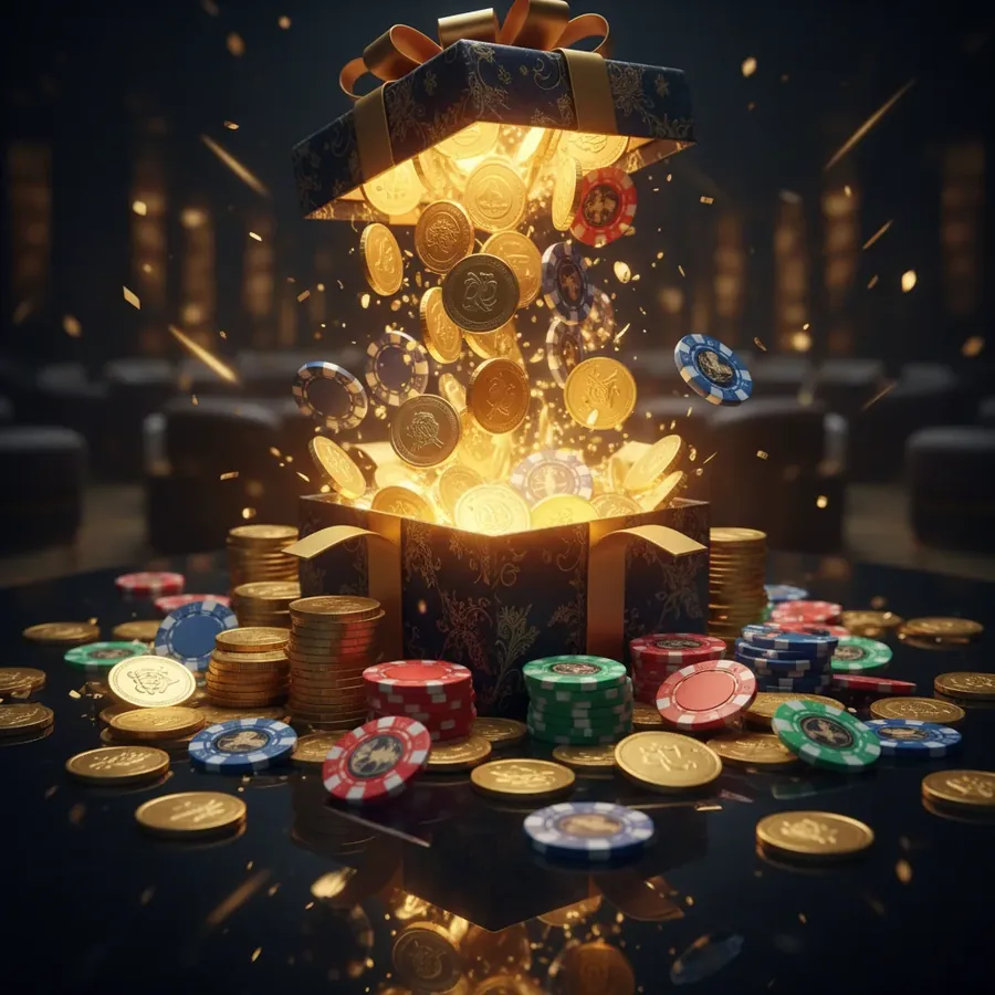 Pièces d'or et jetons débordant d'une boîte cadeau lumineuse