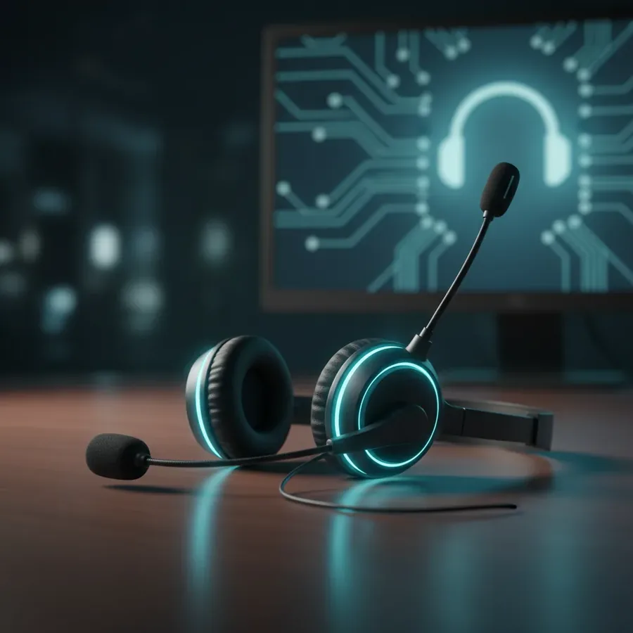 Casque d'un employé du support sur un bureau sombre