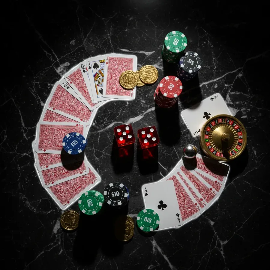 Cartes à jouer, jetons et cylindre de roulette sur du marbre sombre